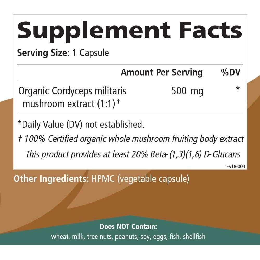 Suplemento de Hongo Cordyceps Orgánico Pure Essence Labs 60 Cápsulas