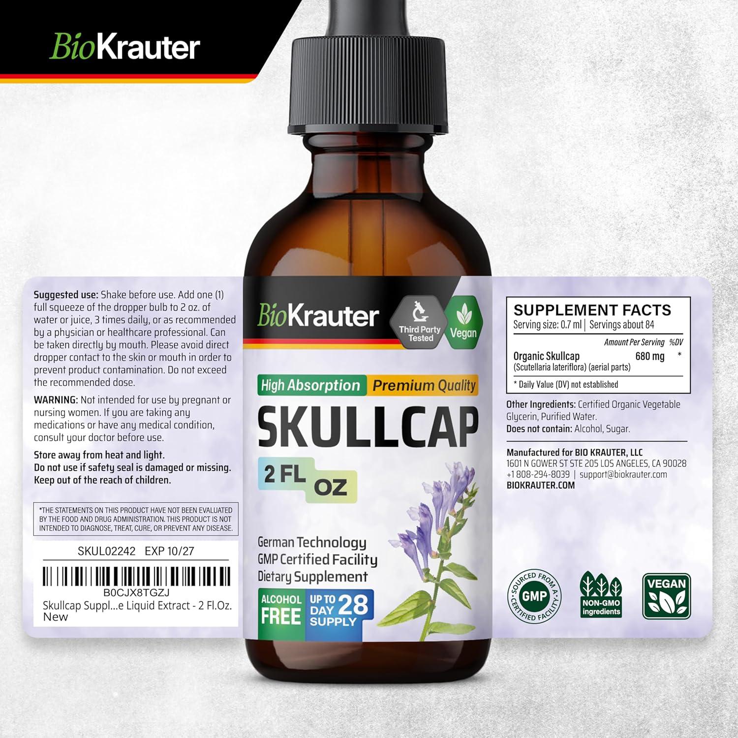 Tintura de Skullcap Bio Krauter 59.15 ml - Vegana y Sin Alcohol