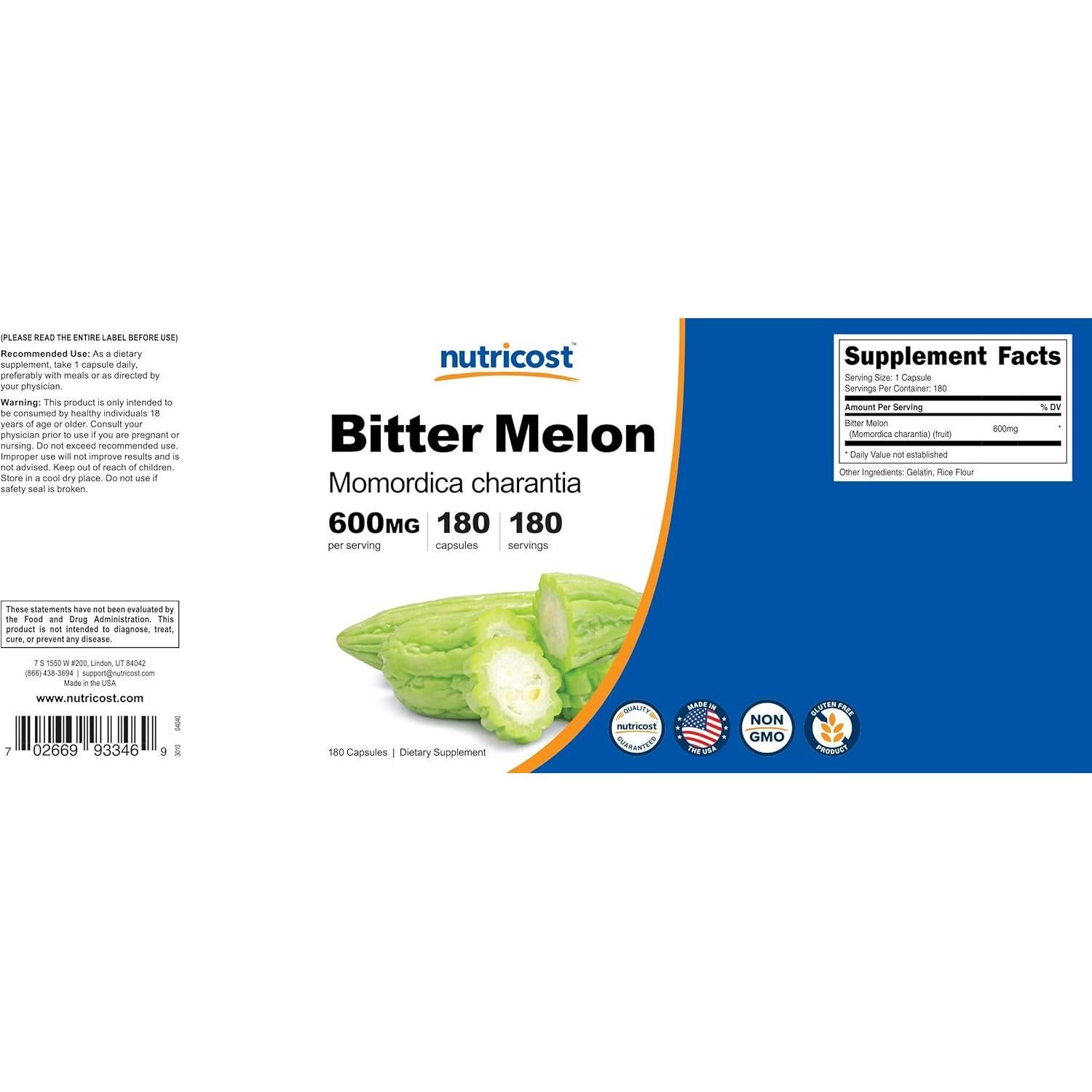 Melón Amargo Nutricost 600mg - 180 Cápsulas Sin Gluten