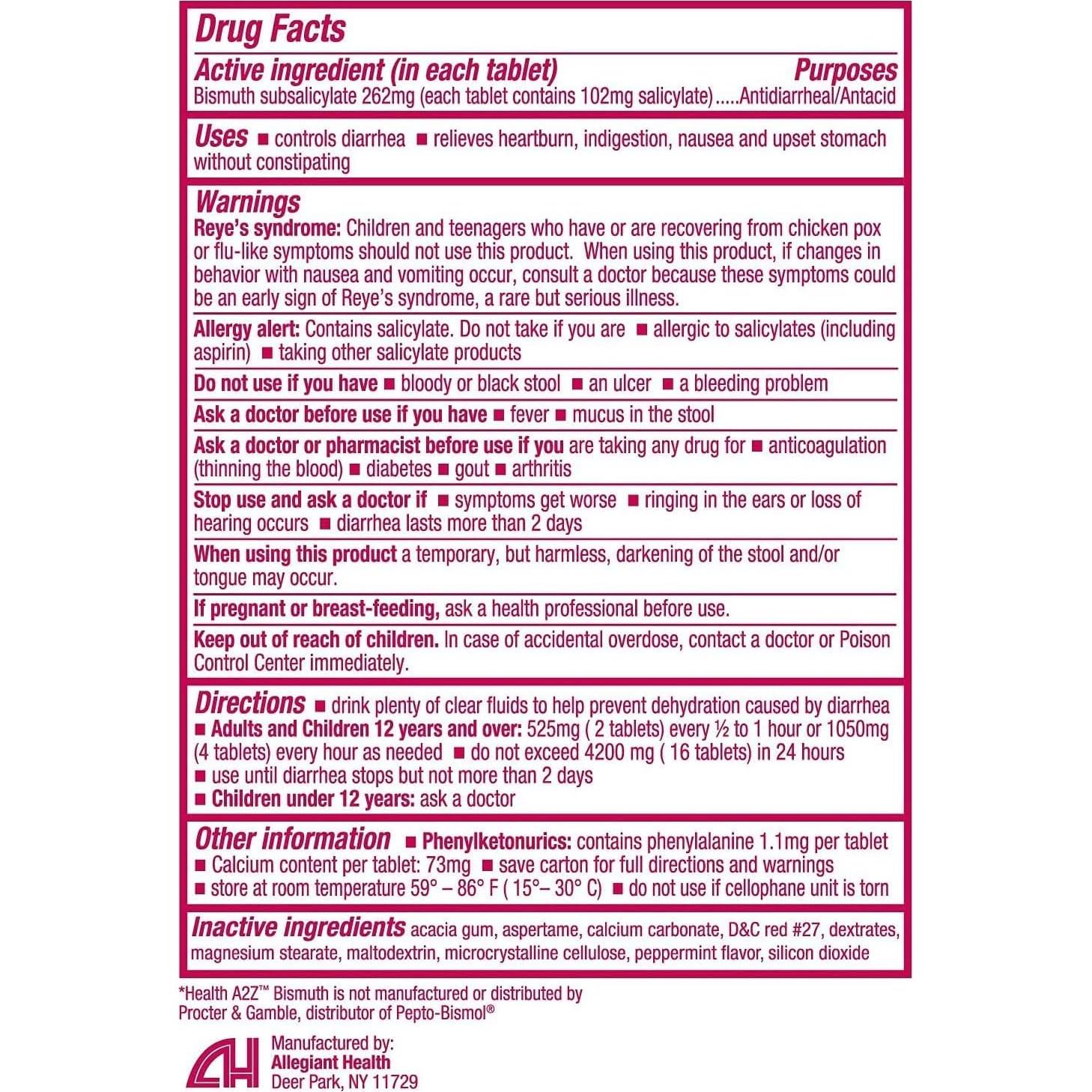 HealthA2Z Bismuto 262mg | Alivio Digestivo 36 Tabletas