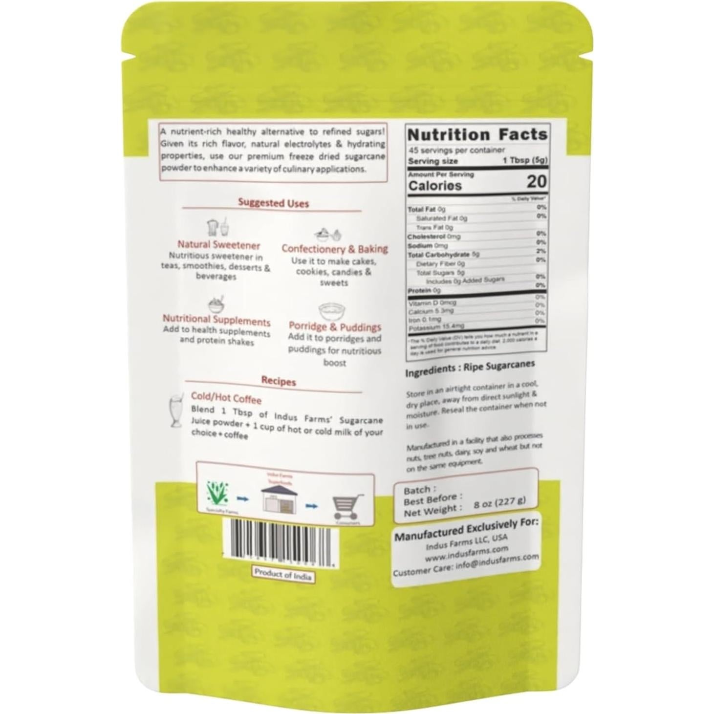 Polvo de Jugo de Caña de Azúcar Indus Farms 226.8 g - 100% Puro