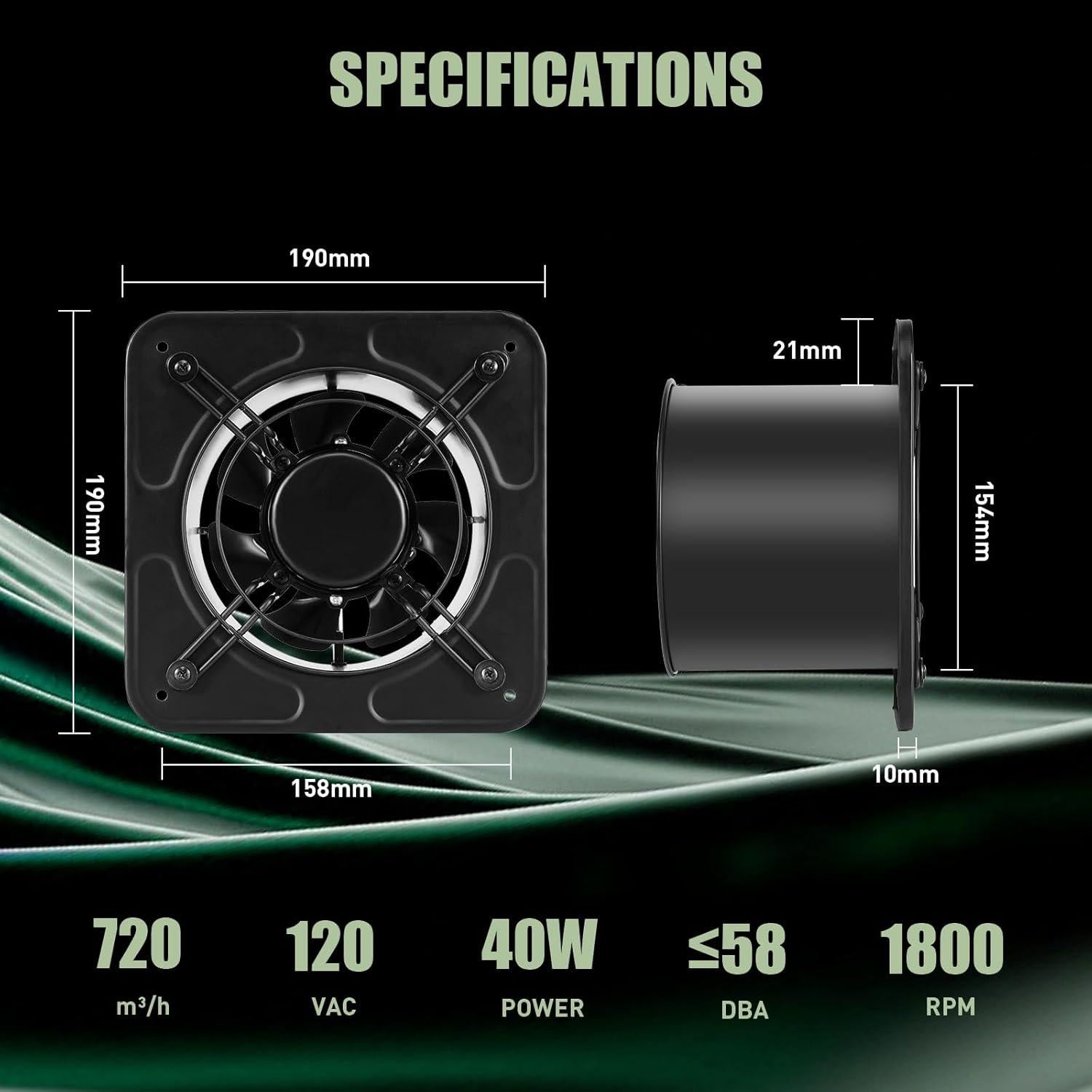 Ventilador de Escape FAREAST 6" 720 m³/h para Cocina y Garaje