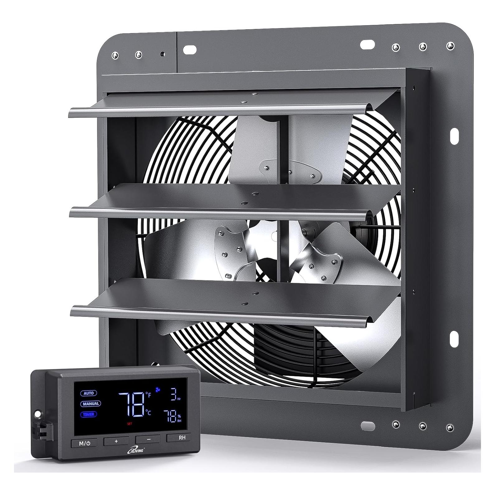 iLiving 12" Wall Mounted Shutter Exhaust Fan, Automatic Shutter, Temperature and Humidity Controls with Variable Speed, 960 CFM at 1600 RPM DC Motor