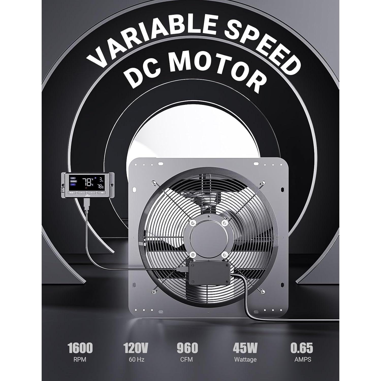 iLiving 12" Wall Mounted Shutter Exhaust Fan, Automatic Shutter, Temperature and Humidity Controls with Variable Speed, 960 CFM at 1600 RPM DC Motor
