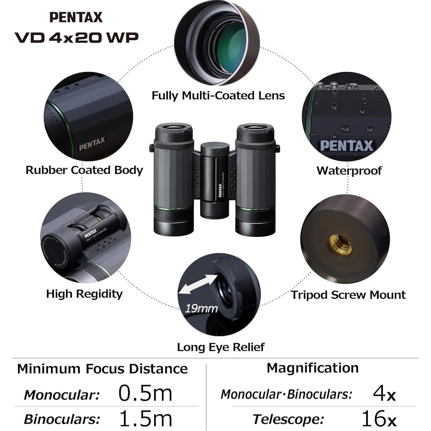 Binoculares PENTAX VD 4x20 WP 3 en 1, A prueba de Agua