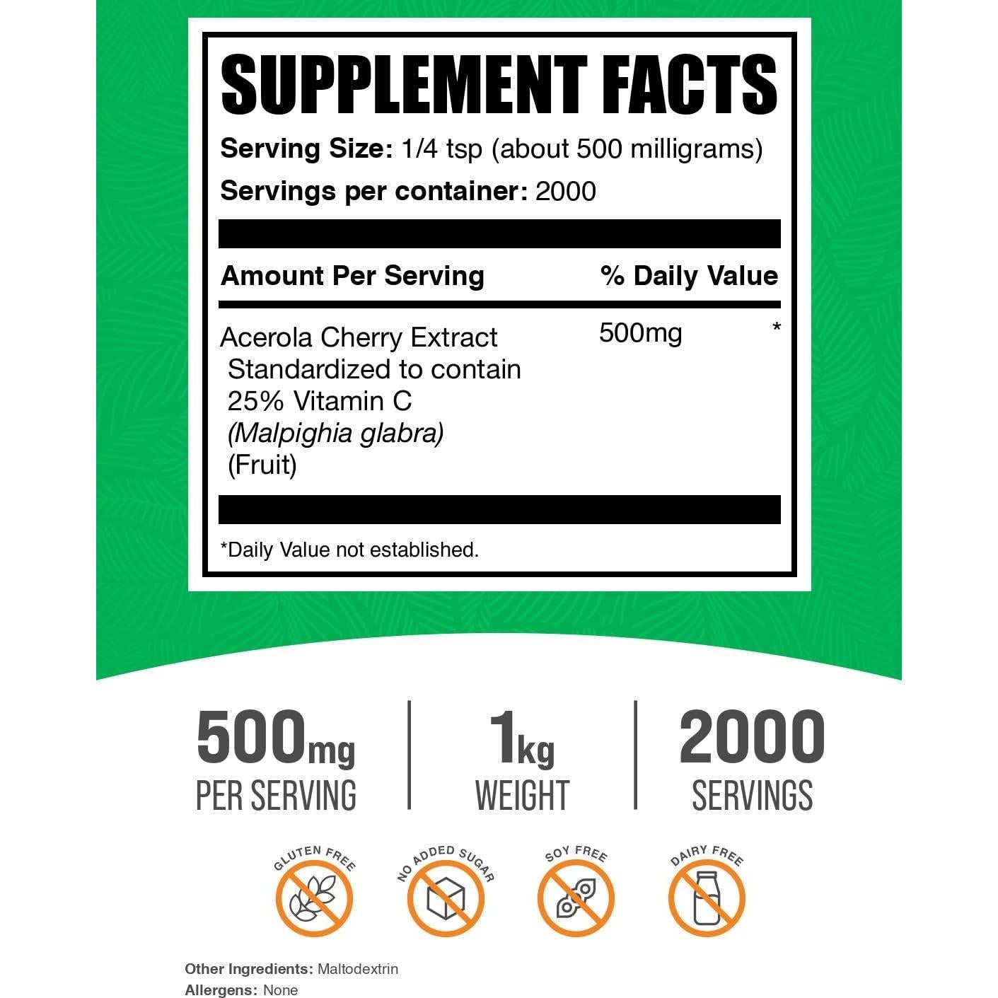 Polvo de Extracto de Cereza Acerola BulkSupplements 1kg - Vitamina C Vegano