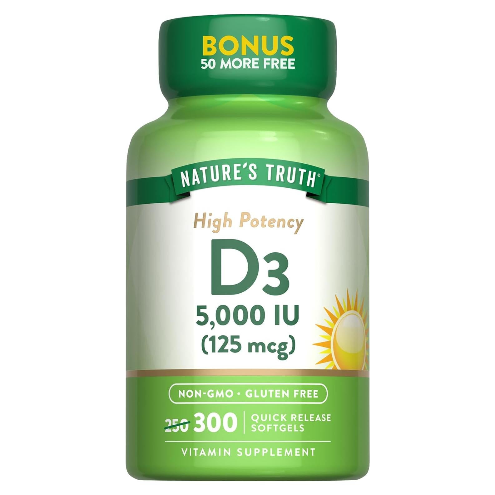 Vitamina D3 Nature's Truth 5000 UI 300 Softgels Sin OGM