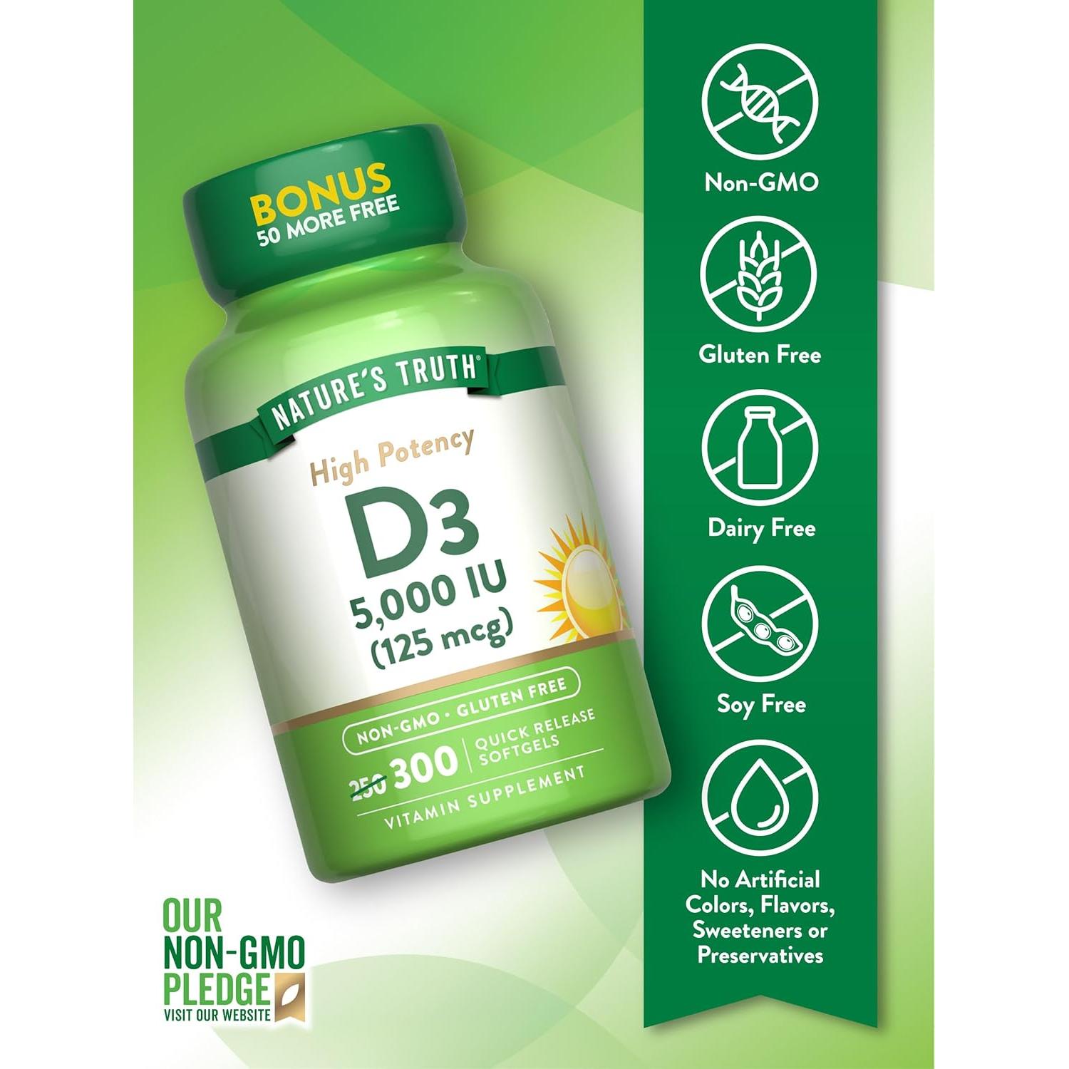 Vitamina D3 Nature's Truth 5000 UI 300 Softgels Sin OGM