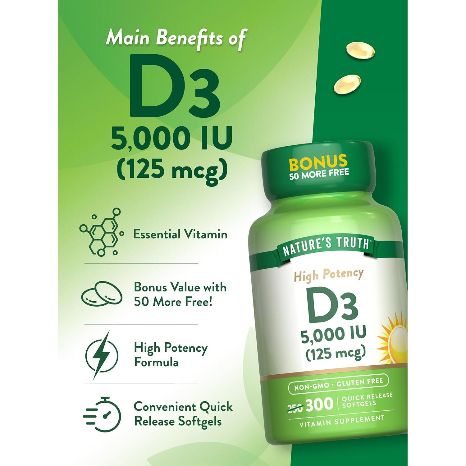 Vitamina D3 Nature's Truth 5000 UI 300 Softgels Sin OGM