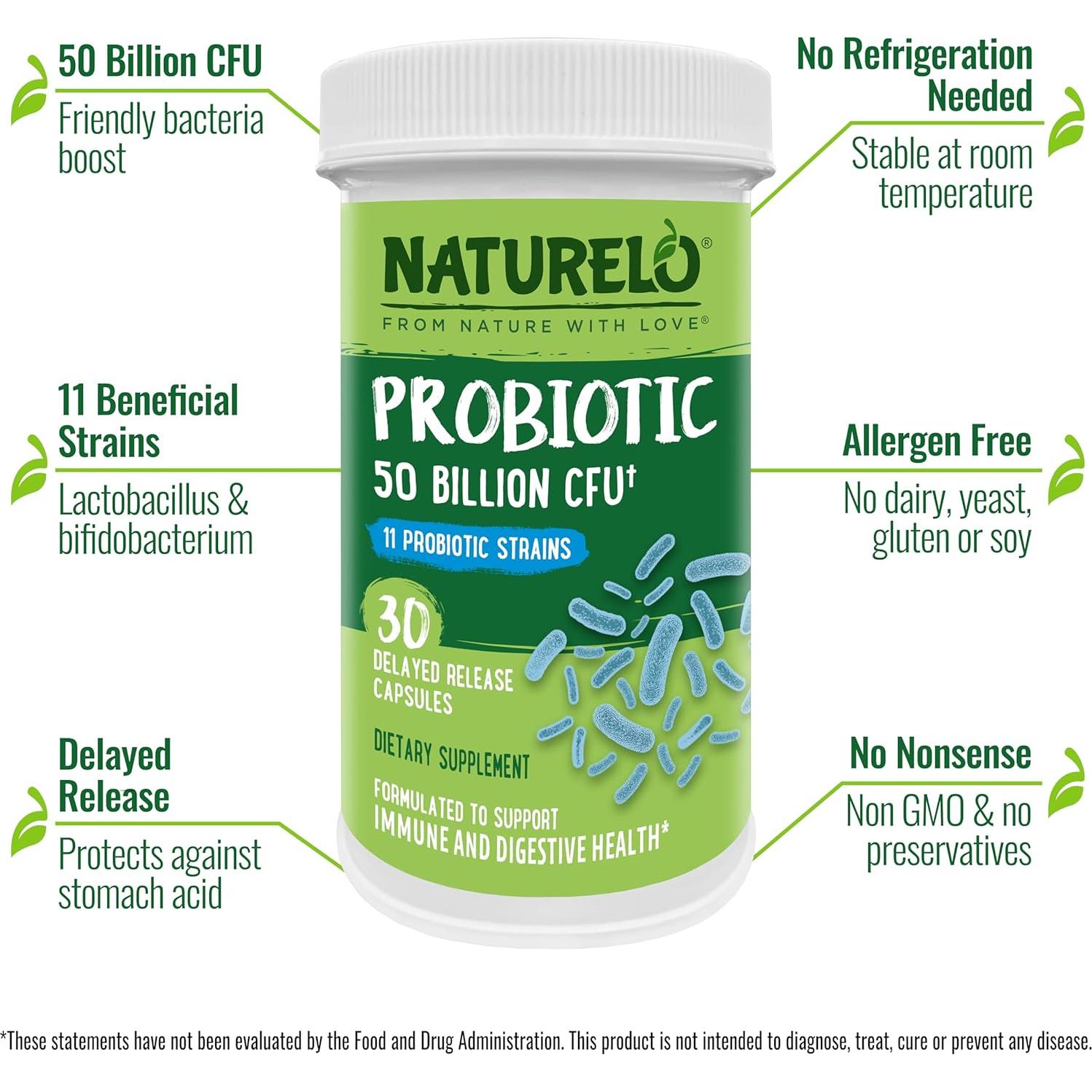 Probioticos NATURELO 30 Cápsulas Vegetarianas 50 Mil Millones UFC