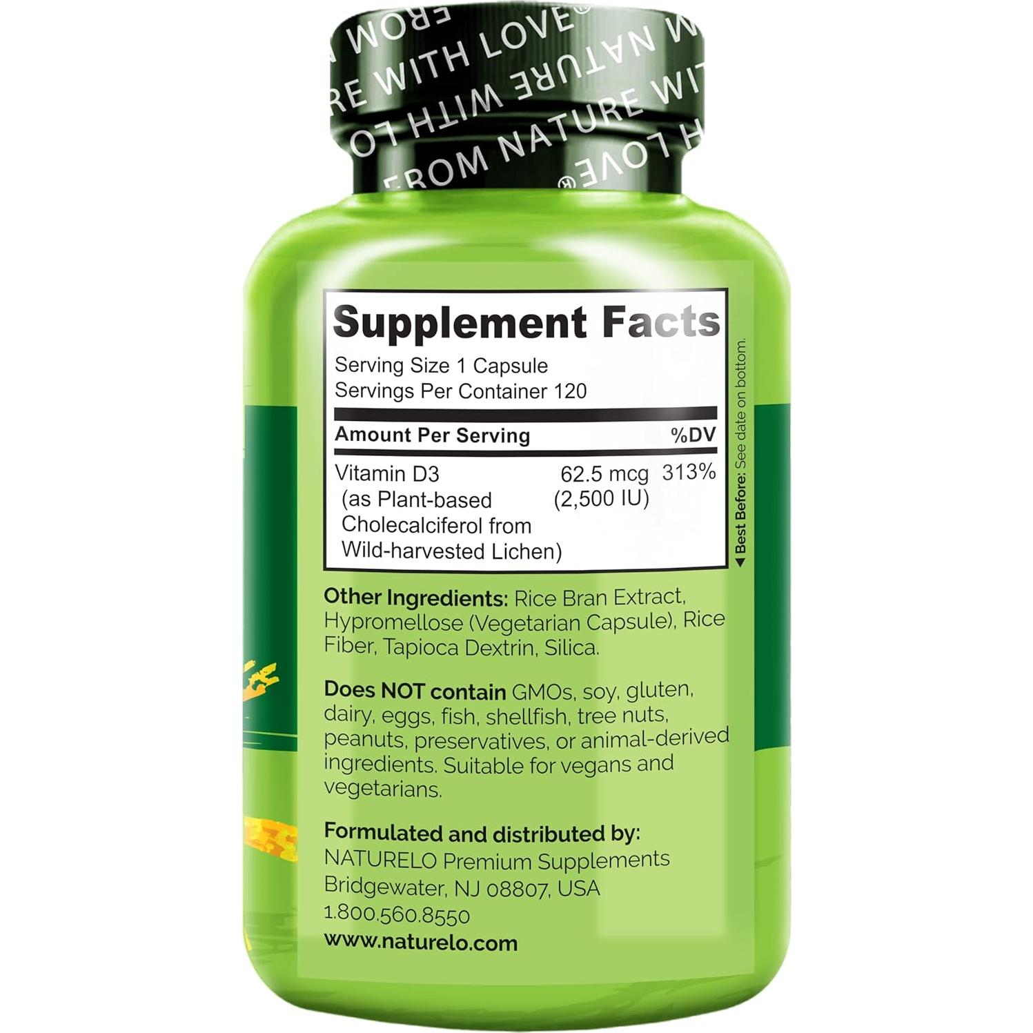 Vitamina D3 Vegana NATURELO 2500 UI - 120 Cápsulas