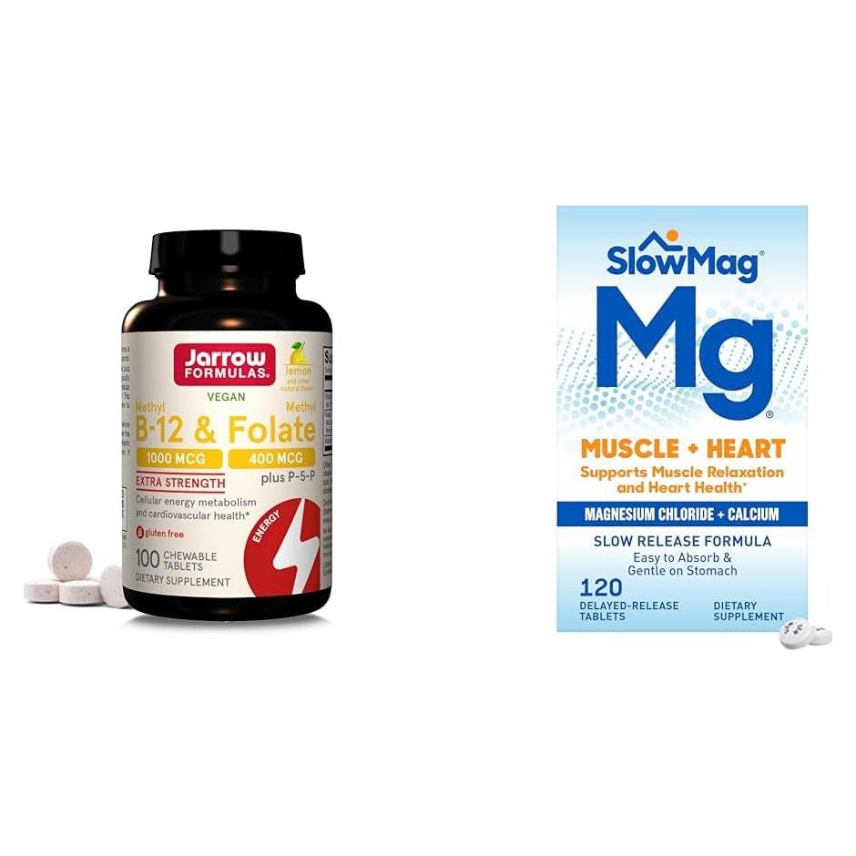 Suplemento Jarrow Formulas Methyl B-12 1000 mcg + Folato 400 mcg y SlowMag Magnesio 120 Tabletas