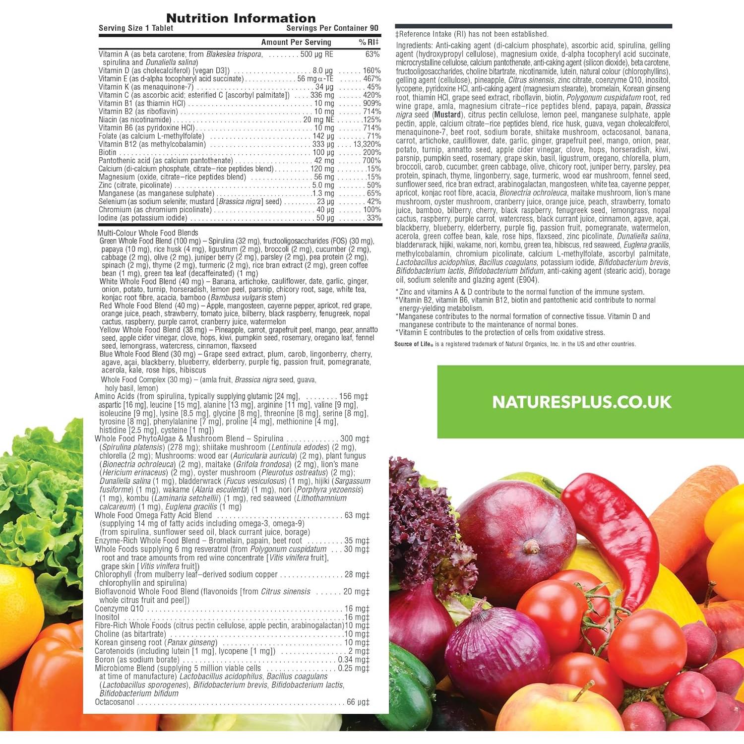 Multivitaminas Natures Plus Fuente de Vida Oro 90 Tabletas - D3, B12, K2