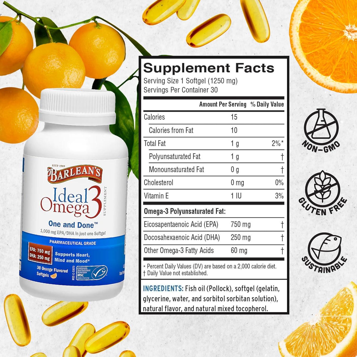 Suplemento Omega 3 Barlean's 1000 mg 30 Cápsulas Blandas Naranja