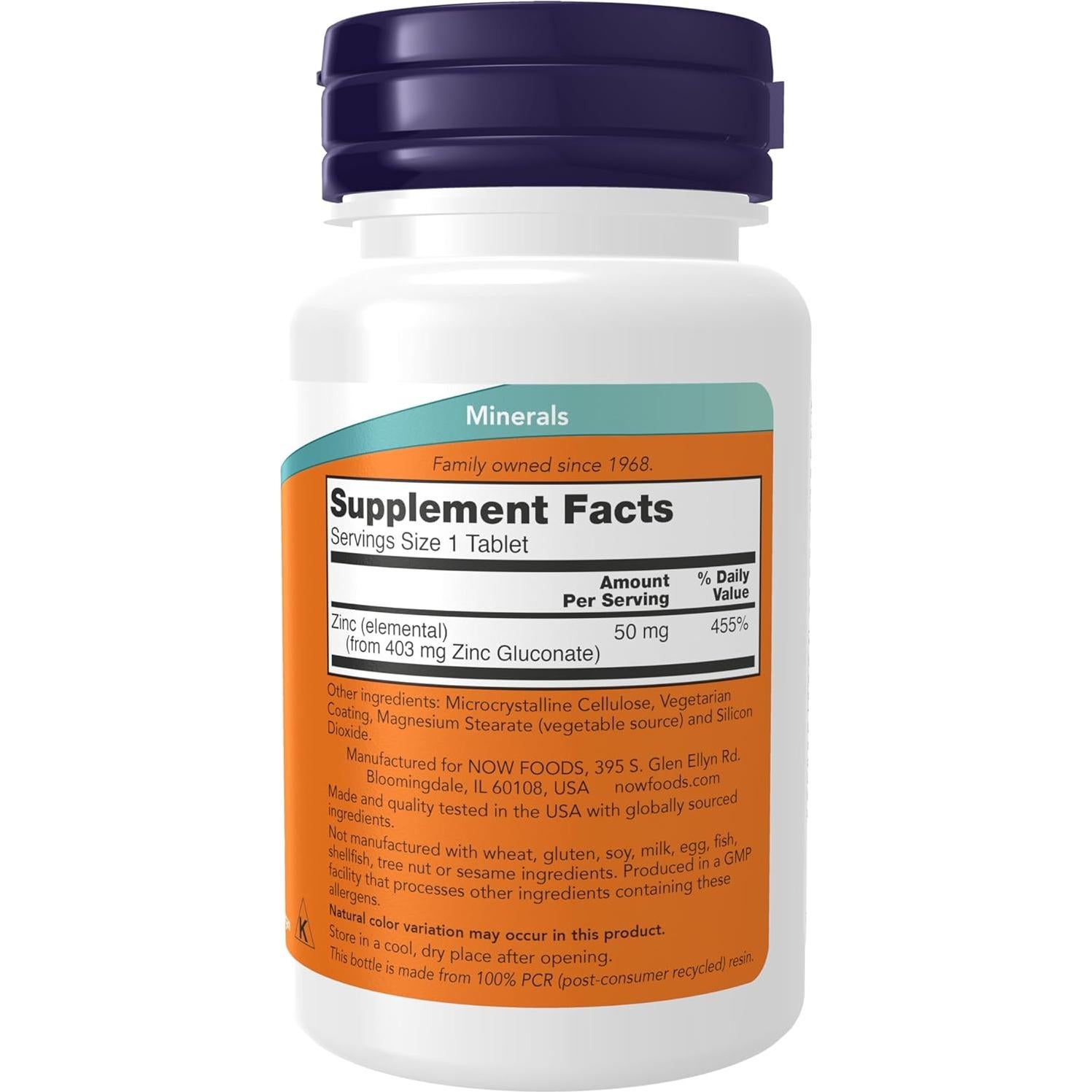 Suplemento de Zinc Gluconato NOW Foods 50 mg 100 Tabletas