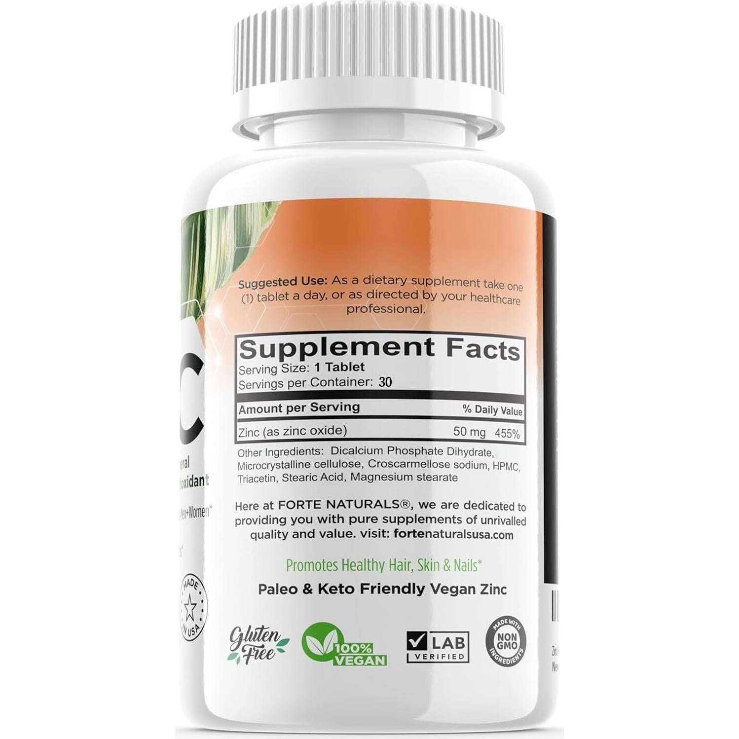 Suplemento de Zinc 50mg Forte Naturals - 30 Tabletas Veganas