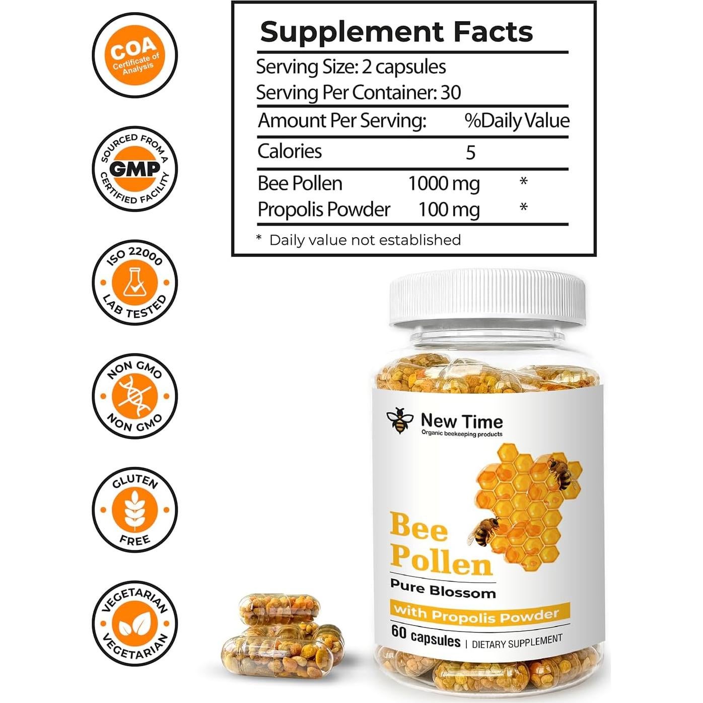 Cápsulas de Polen de Abeja Orgánico New Time 60 Unidades