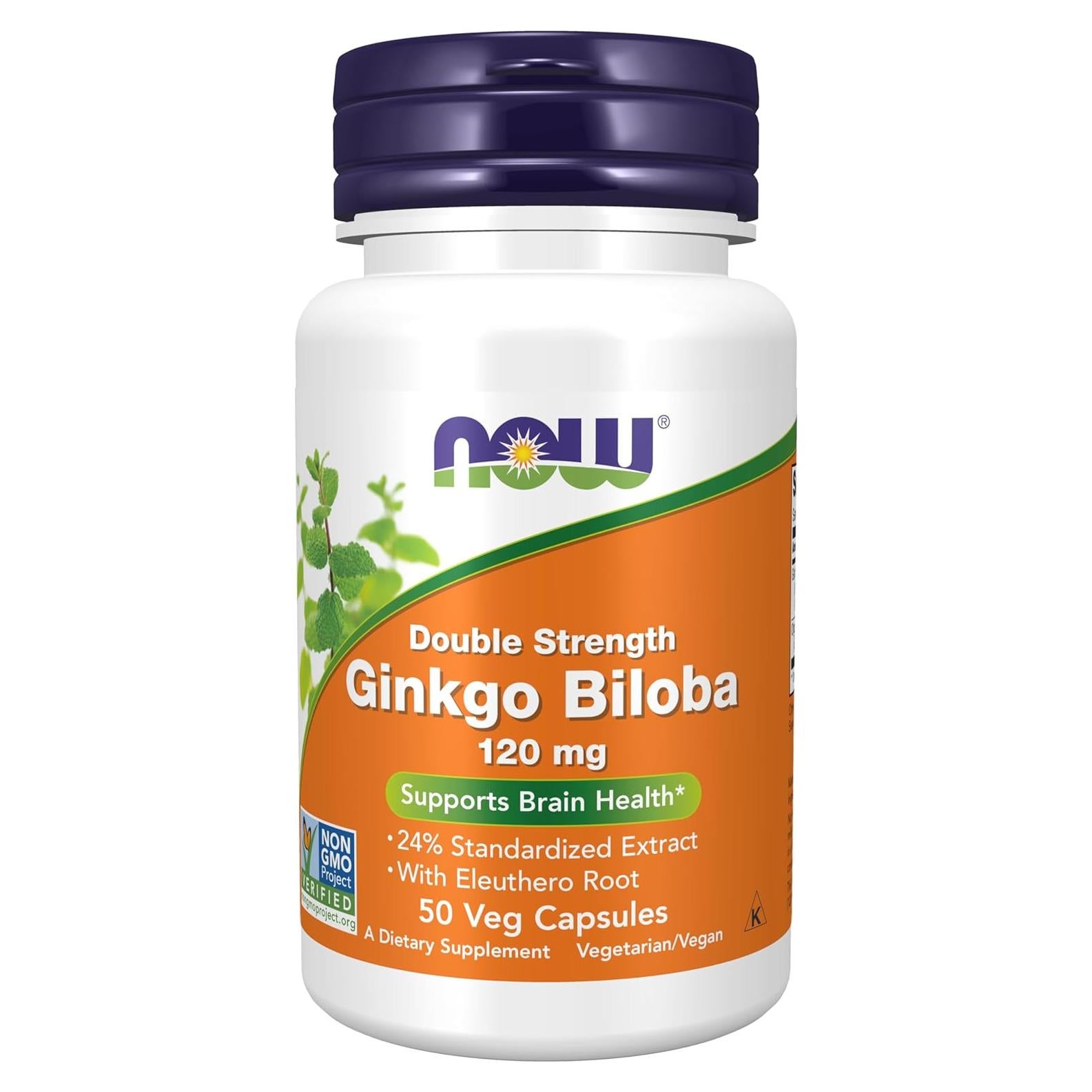 Suplemento Ginkgo Biloba NOW 120 mg Doble Fuerza 50 Cápsulas Veganas