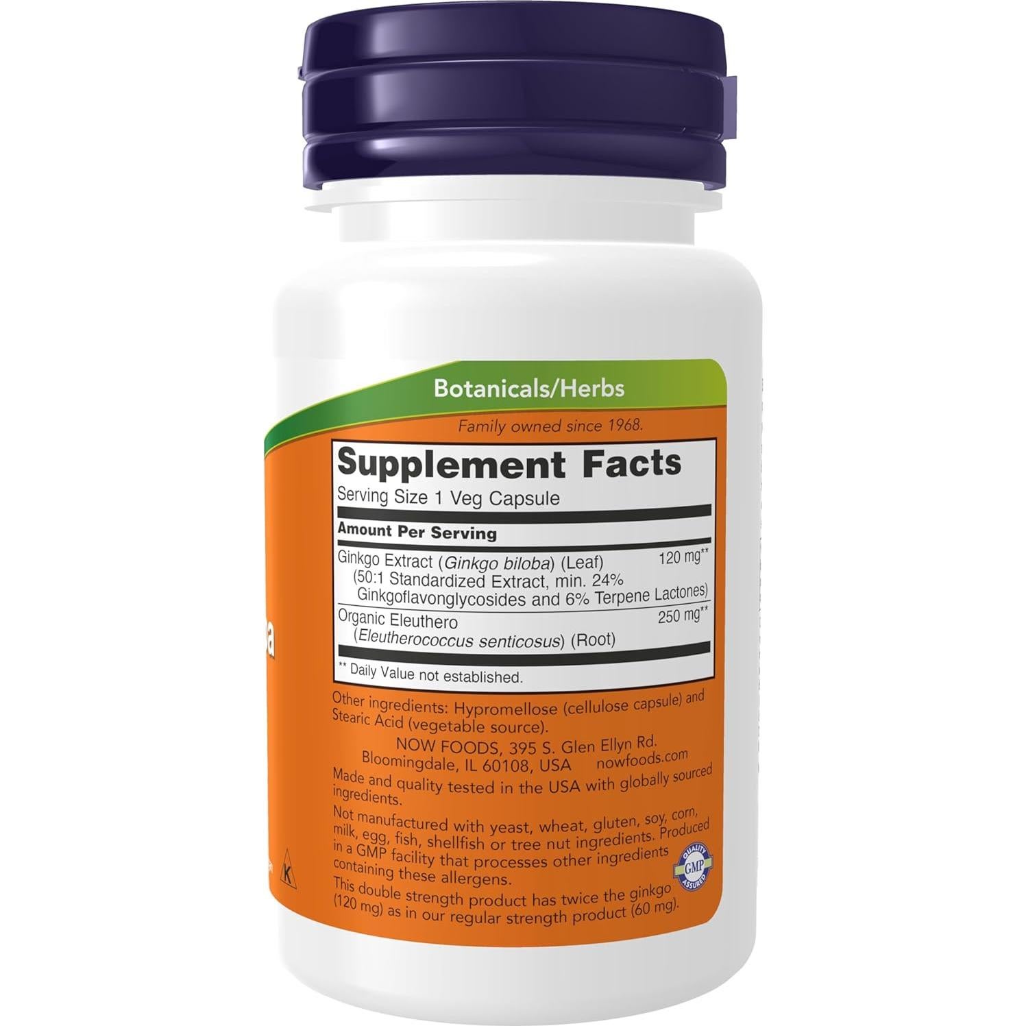 Suplemento Ginkgo Biloba NOW 120 mg Doble Fuerza 50 Cápsulas Veganas