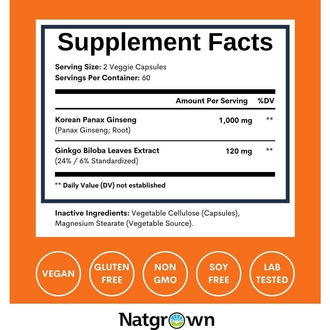 Suplemento de Ginseng Panax y Ginkgo Biloba Natgrown 120 Cápsulas