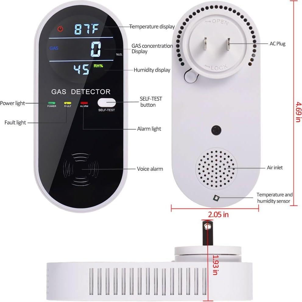 Detector de Gas Natural Enchufable KH Alert 3 en 1 LCD