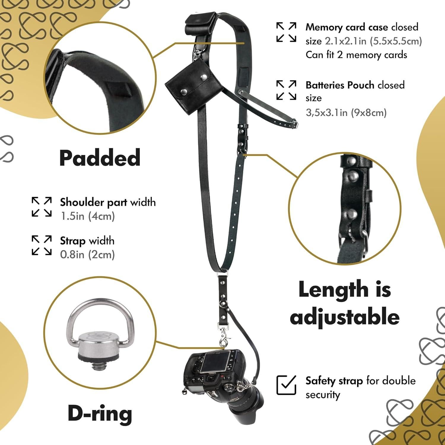 Correa de cámara de cuero acolchada C Coiro negra con soporte