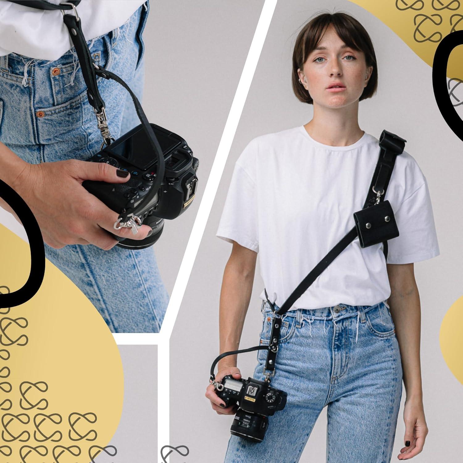 Correa de cámara de cuero acolchada C Coiro negra con soporte