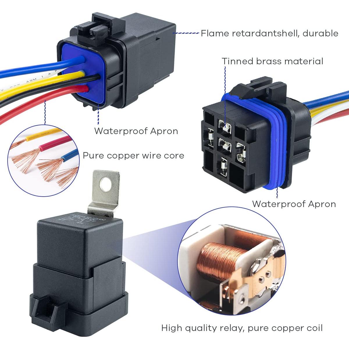 Paquete de 5 Relés Impermeables 12V DC 40/30A con Arnés Cobre