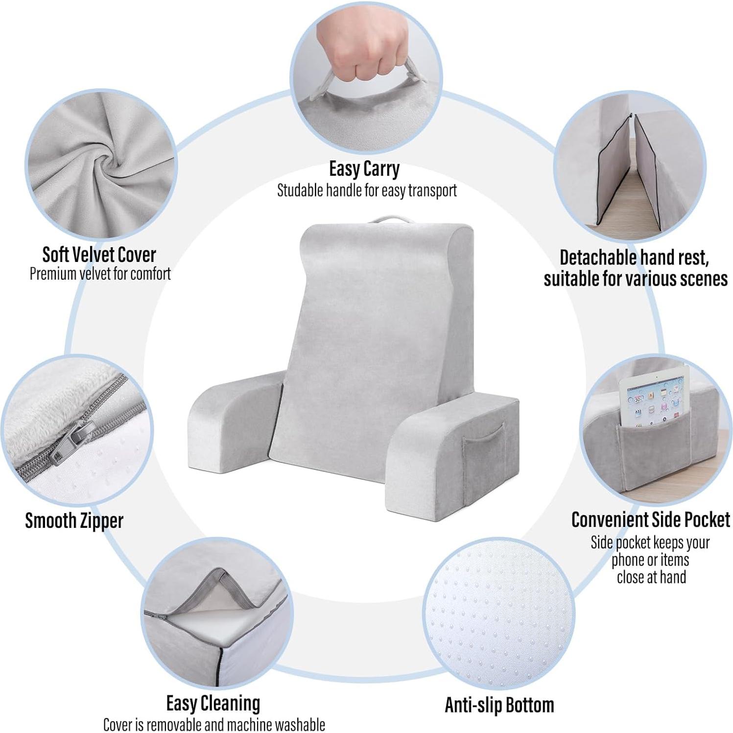 Almohada de Lectura LEBENGURU Grande 61 cm Terciopelo Gris