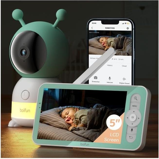 Monitor de Bebé BOIFUN 2K WiFi 5" con Audio y Luz Nocturna