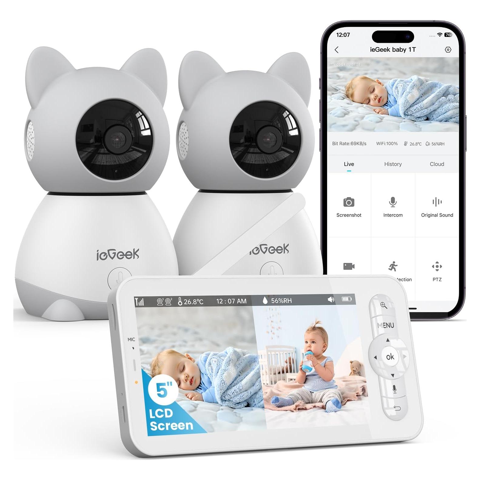 Monitor de Bebé ieGeek 2 Cámaras 2K HD Pantalla 5"