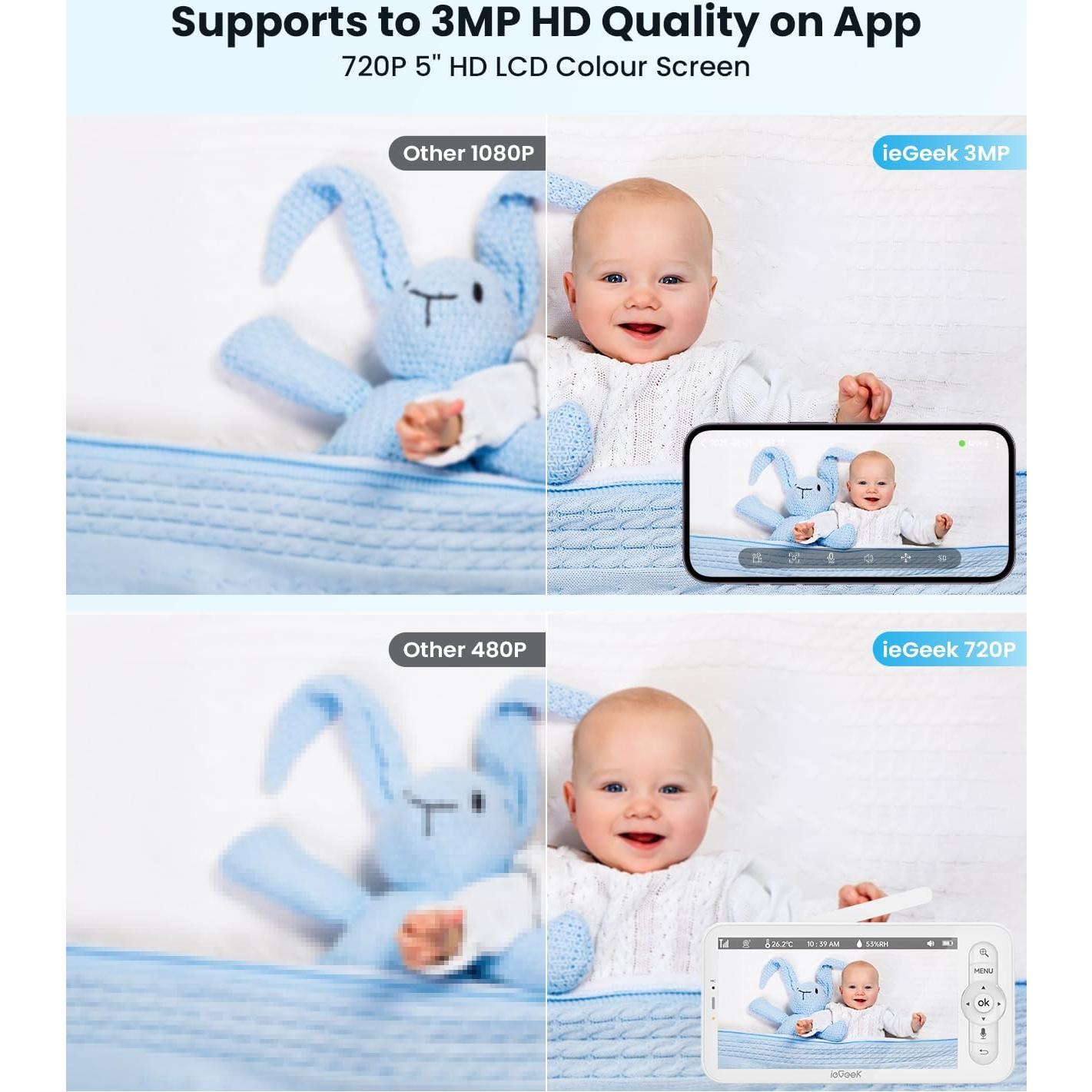 Monitor de Bebé ieGeek 2 Cámaras 2K HD Pantalla 5"