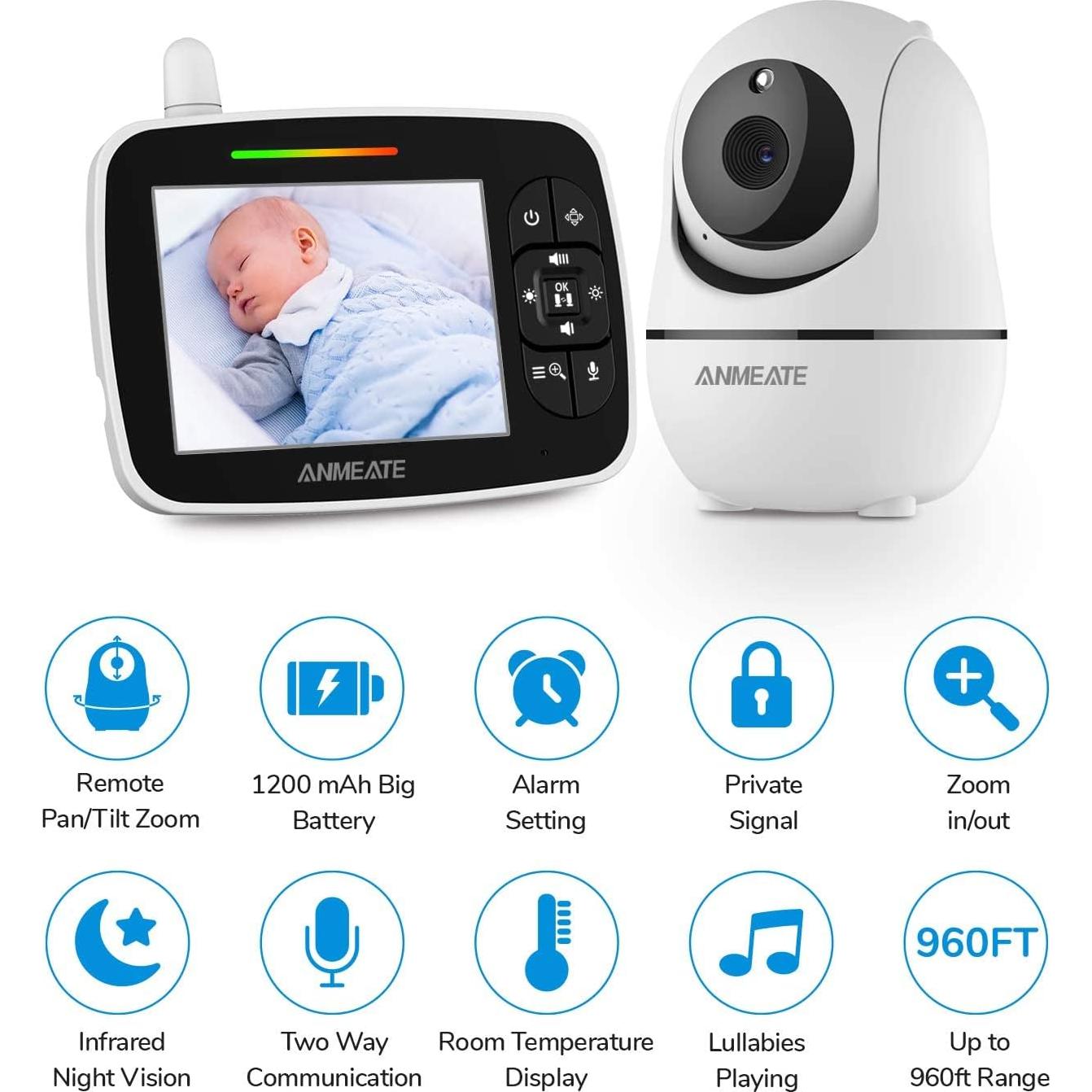 Monitor de Bebé ANMEATE SM935E con Cámara Infrarroja y Audio