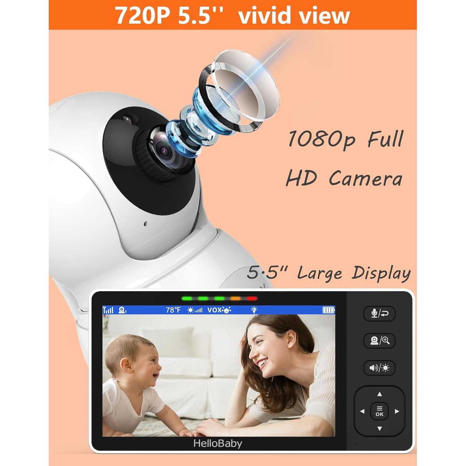 HelloBaby 720P 5.5'' HD Baby Monitor with Camera and Audio No WiFi, Video Baby Monitor, Remote Pan Tilt Zoom Wide View Range, 1080P Infant Camera, Night Light, Hack Proof, 4000mAh Battery, 1000ft