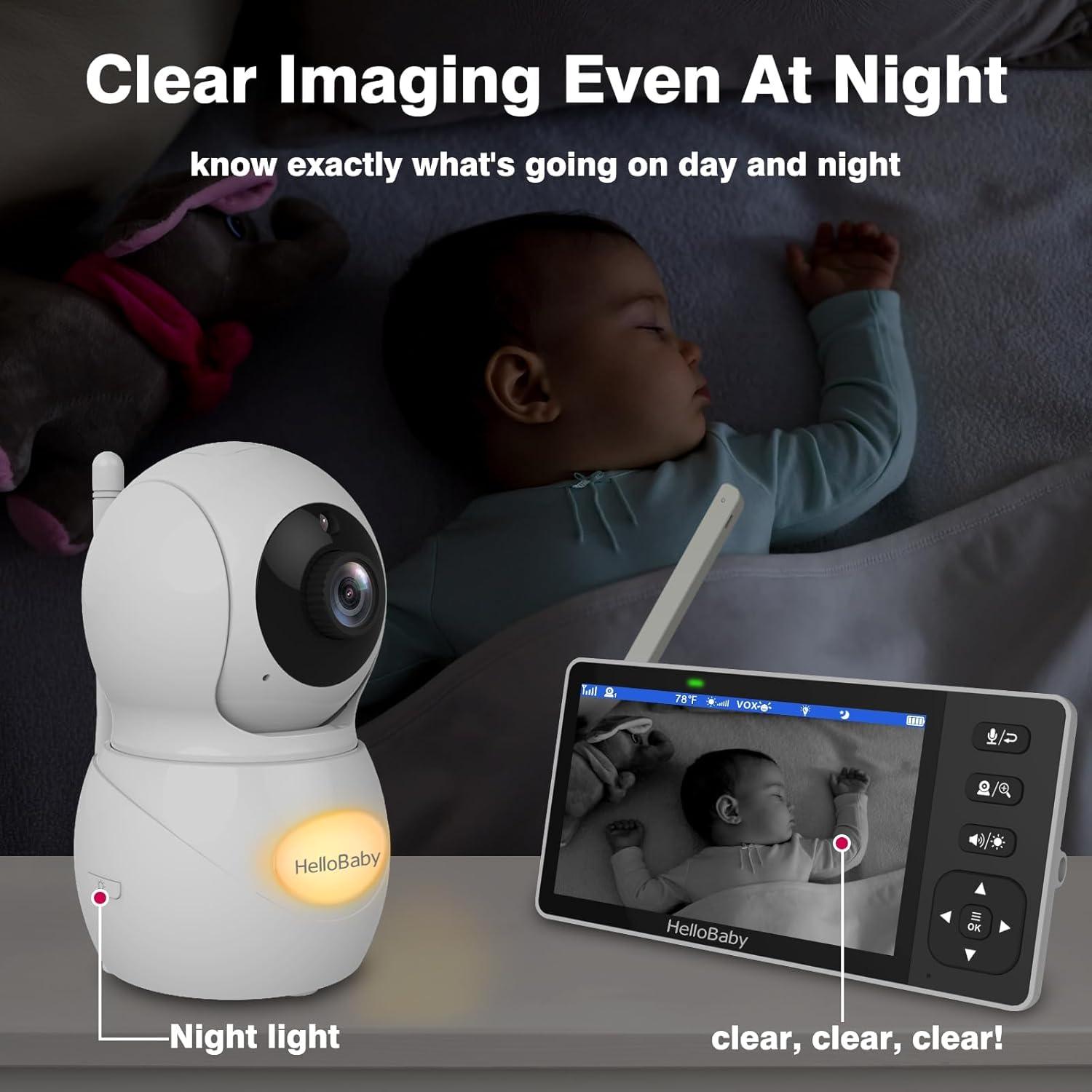 HelloBaby 720P 5.5'' HD Baby Monitor with Camera and Audio No WiFi, Video Baby Monitor, Remote Pan Tilt Zoom Wide View Range, 1080P Infant Camera, Night Light, Hack Proof, 4000mAh Battery, 1000ft