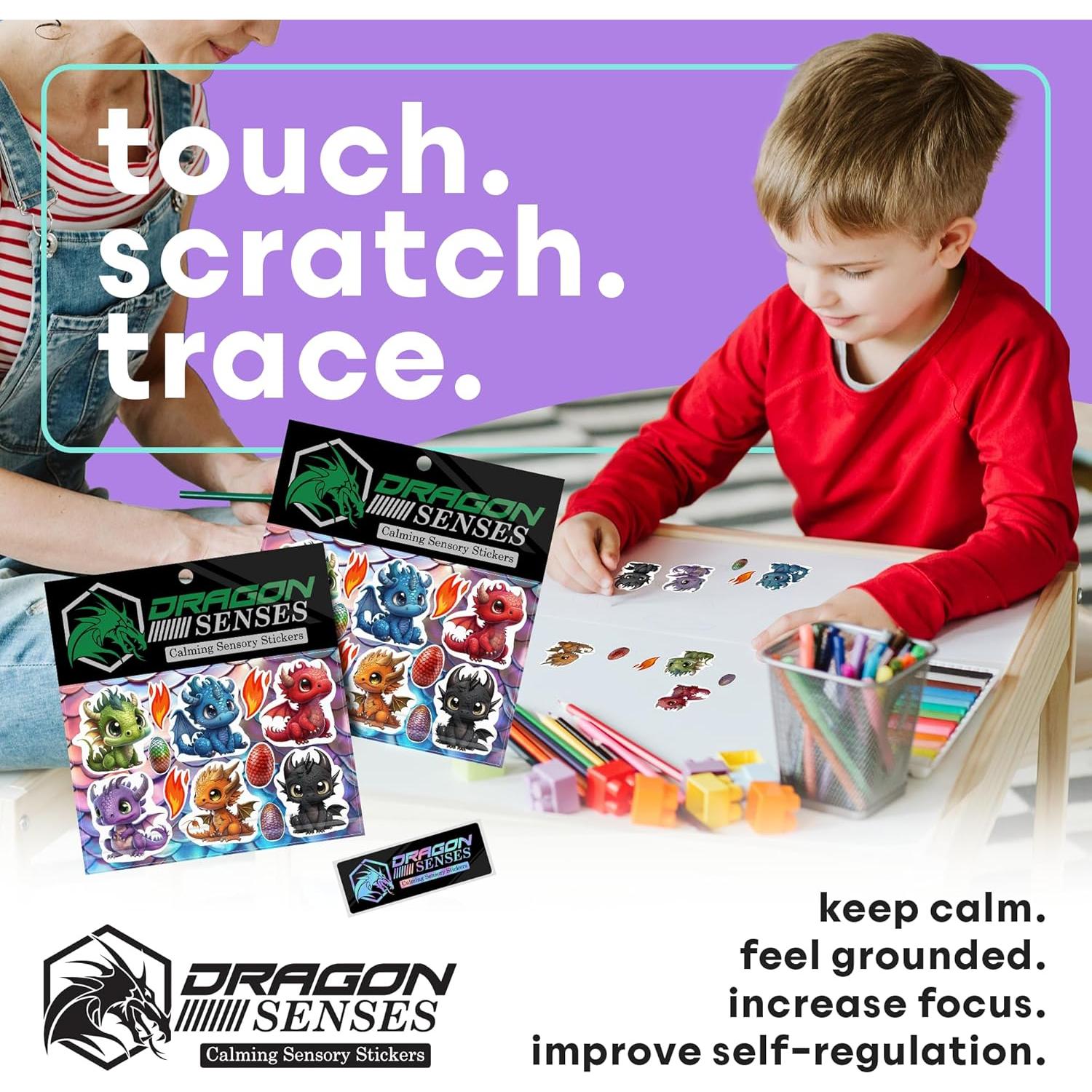 Dragon Grips Baby Dragon Calm Strips for Anxiety Sensory Stickers, 6 Pcs Cute Baby Dragon Sensory Strips Textured Stickers with Enhance Sensory Soothing & Calming Effect, Made in The USA, 2 Pk