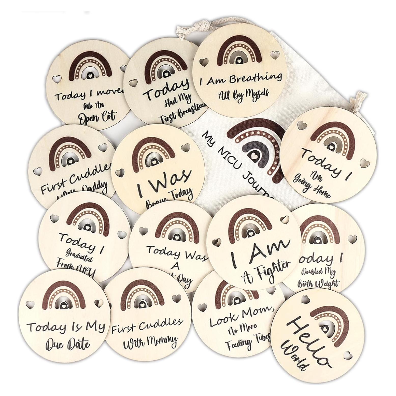 Tarjetas de Hitos NICU de Madera Natural - 14 Unidades