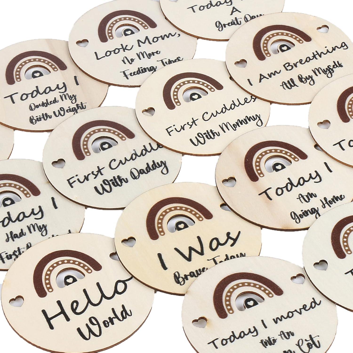 Tarjetas de Hitos NICU de Madera Natural - 14 Unidades