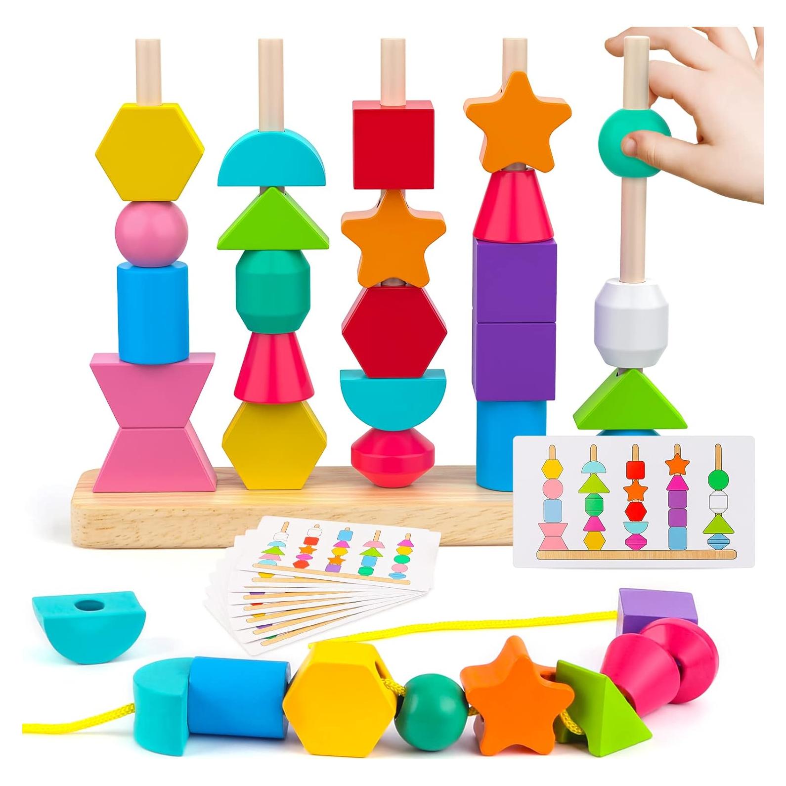 Juego de Secuenciación de Cuentas de Madera Hieoby - Juguete Montessori para Niños 2 a 5 Años