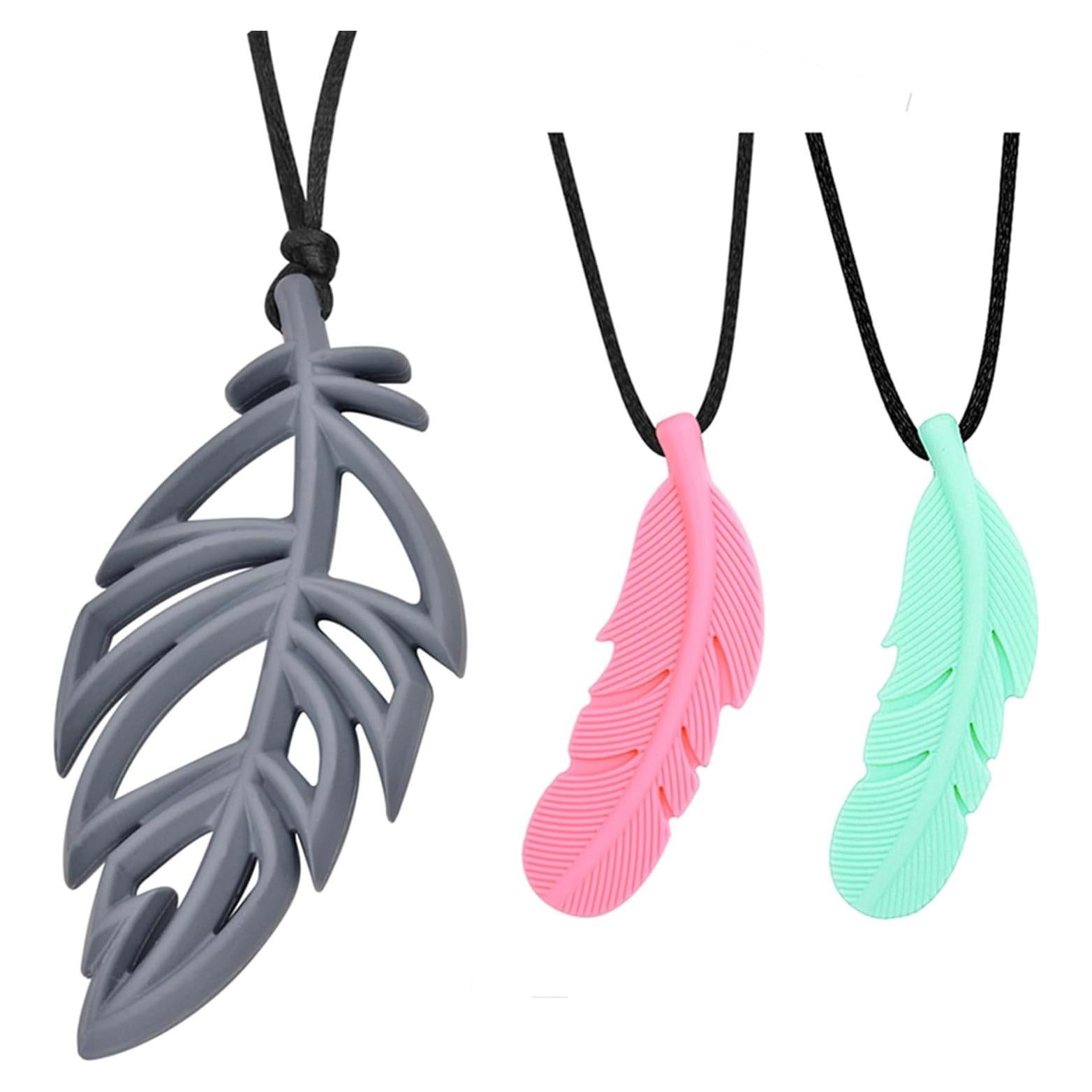 Collar Masticable Sensorial de Silicona - 3 Piezas Hoja y Pluma