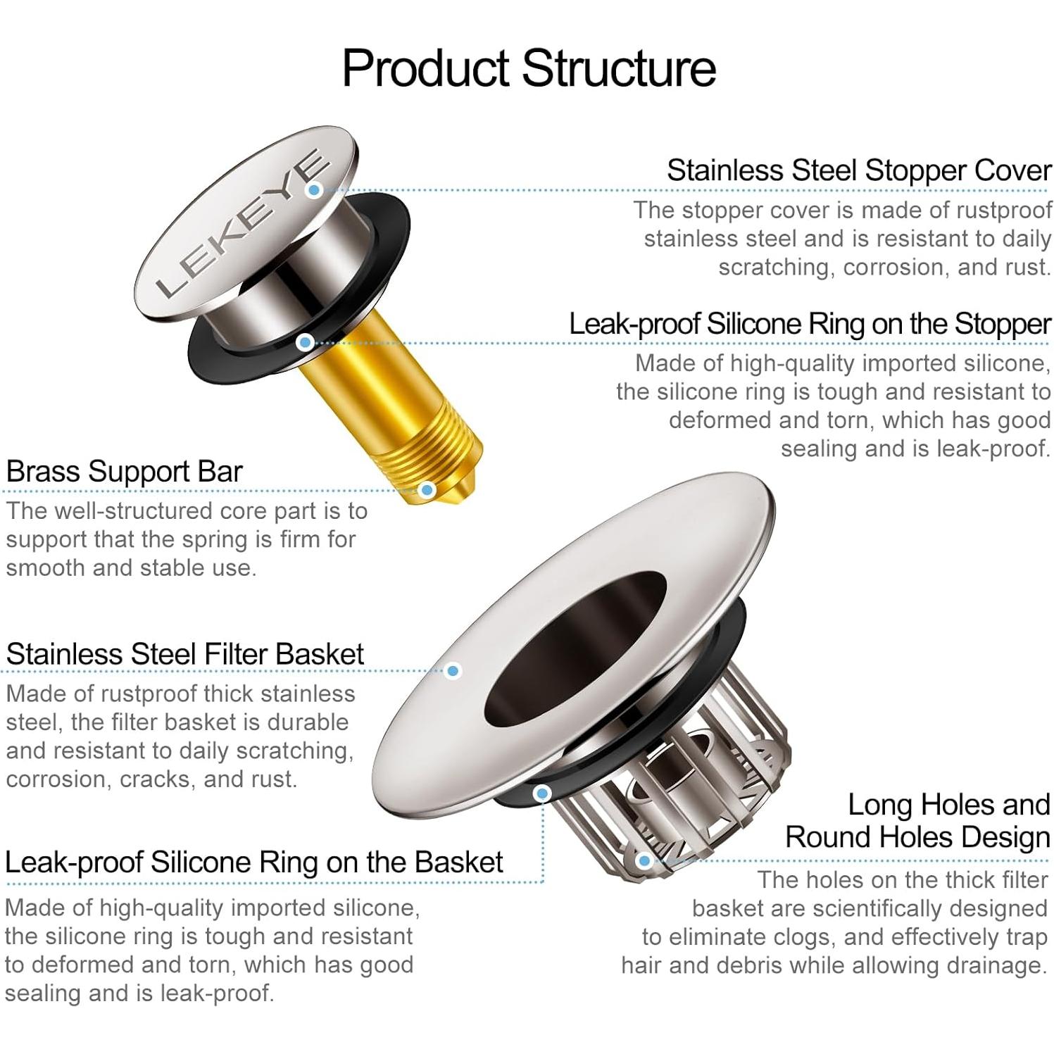 LEKEYE Tapón de Drenaje con Filtro para Baño - Níquel