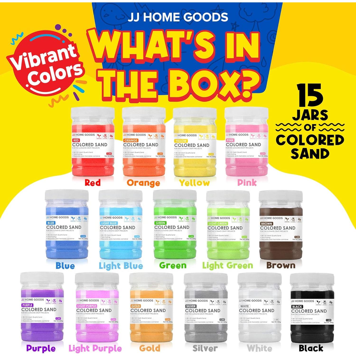 JJ CARE Colored Sand, 16.5 lbs. [15 Bottles] Craft Sand Art Kit for Kids 3 Years Above, Non-Toxic Color Sand Art Bulk, UV Stable Colorful Sand for Crafts, Wedding & Decorations, Kids Art Sand