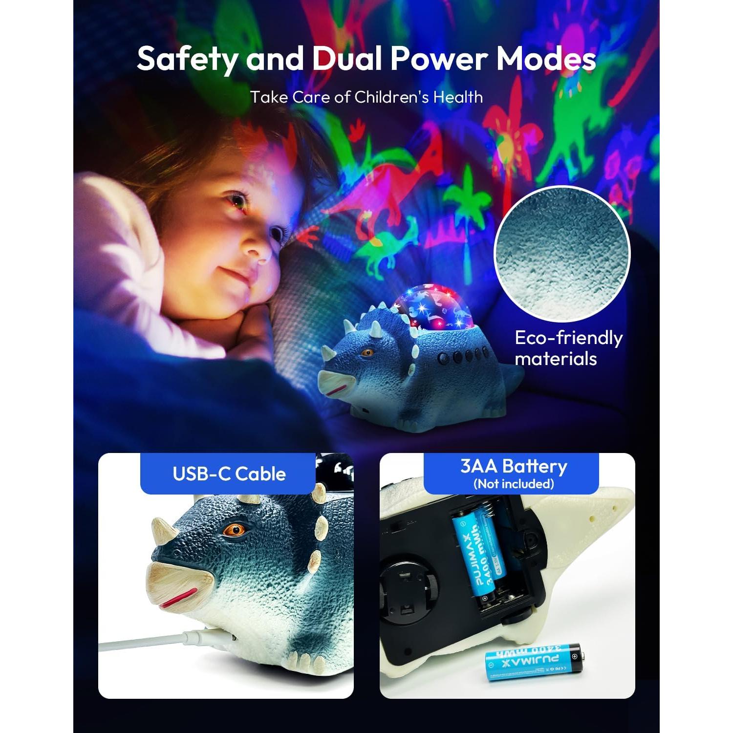 Proyector de Luz Nocturna Dinosaurio Beslike - 8 Colores, 14 Sonidos