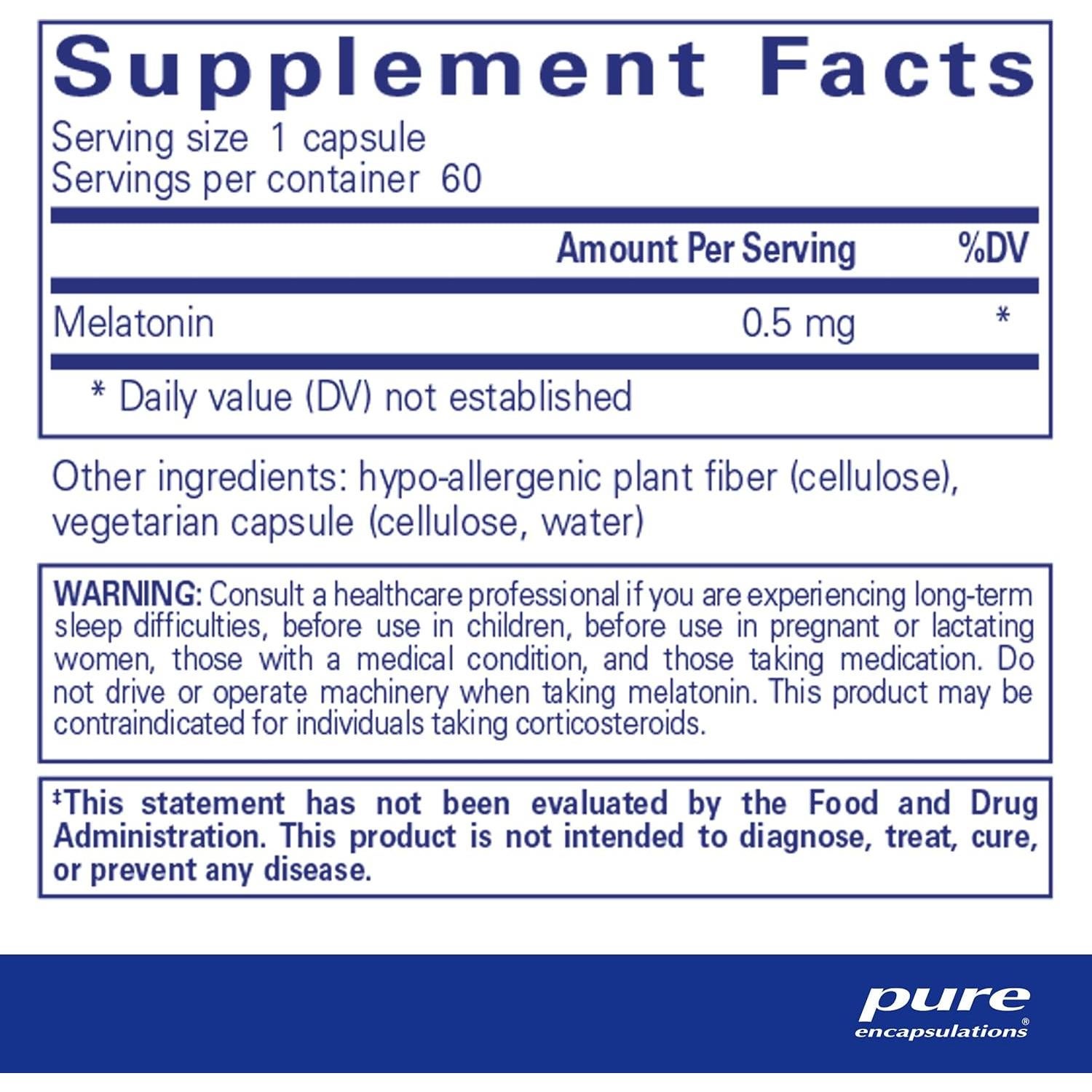 Melatonina 0.5 mg Pure Encapsulations - 60 Cápsulas Veganas