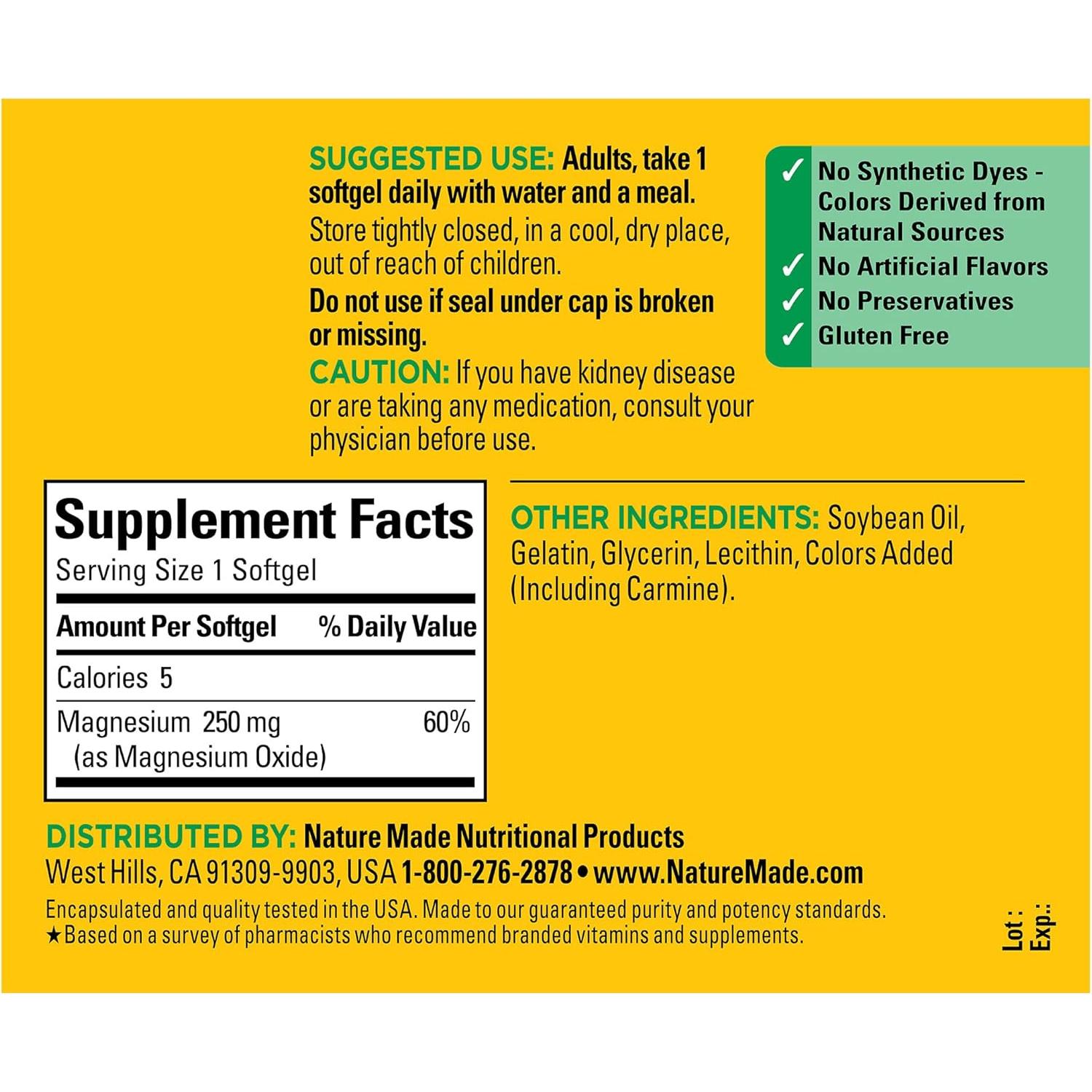 Nature Made Magnesio 250 mg - 90 Gelatinas Blandas Suplemento