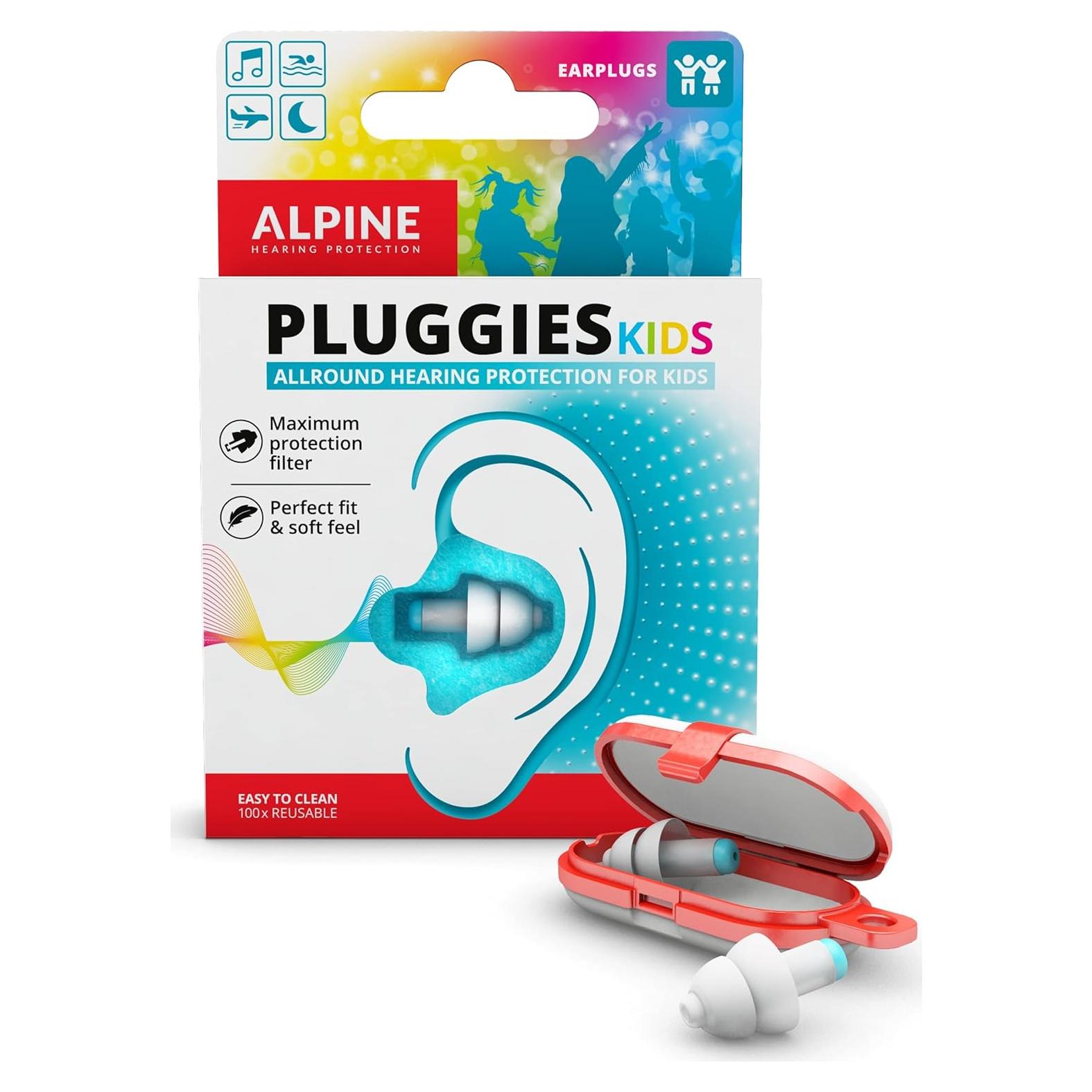 Alpine Pluggies Kids Ear Plugs for Small Ear Canals – Noise Cancelling Earplugs Age 5–12 – Multi-Purpose Ear Protection for Sleep, Flying, School, Swimming – 25dB Reusable Hypoallergenic Filters