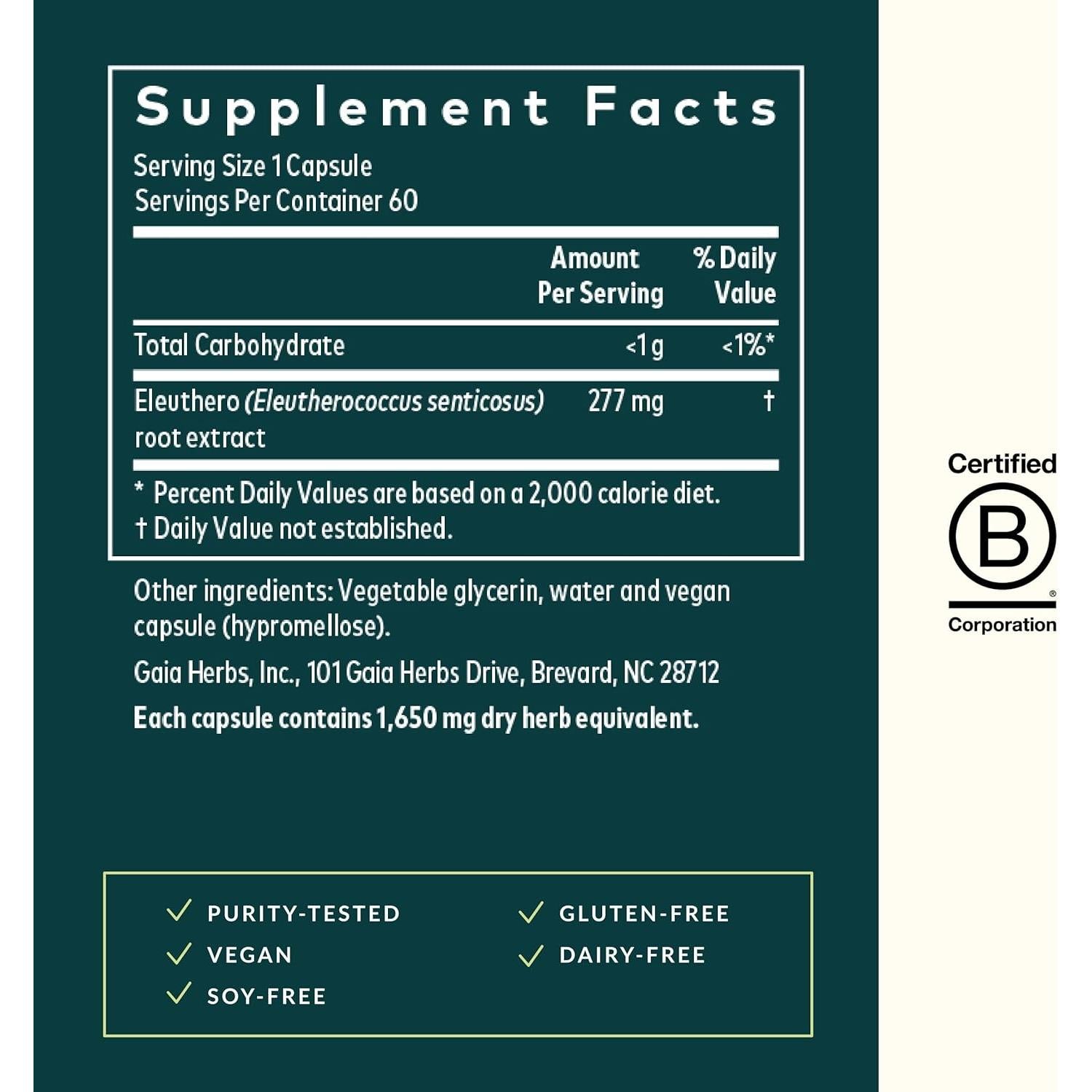 Suplemento Herbal Adaptógeno Gaia Herbs Eleuthero 60 Cápsulas