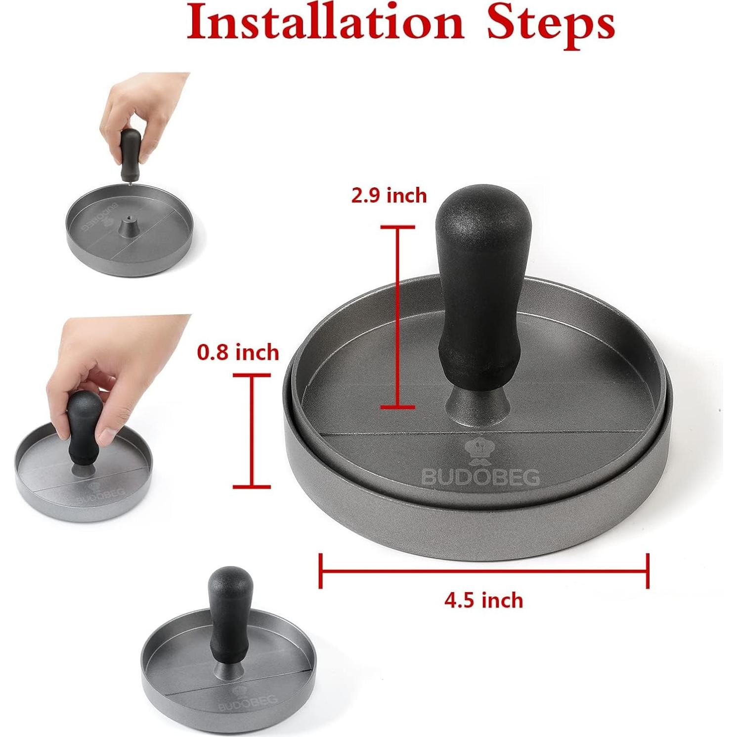 Prensa de Hamburguesas BUDOBEG Aluminio 11.4 cm con Accesorios