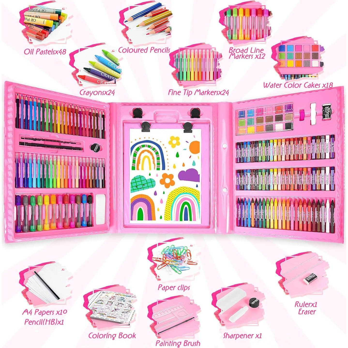 Kit de Arte 208 Piezas PENCCOR con Caballete Doble Rosa