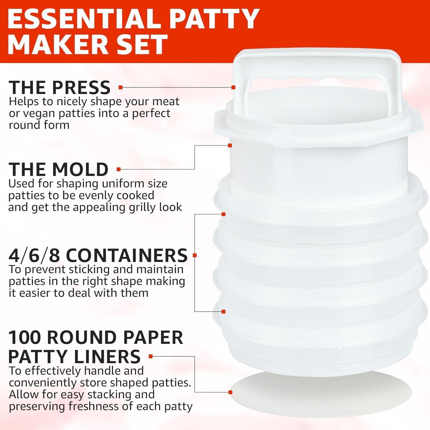 Prensa de Hamburguesas Mission Gallery - 6 Contenedores BPA Free